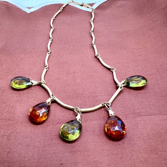 Sarah Coventry Hard-to-Find Faceted Green Orange Teardrop Necklace Book Piece - Picture 4 of 12